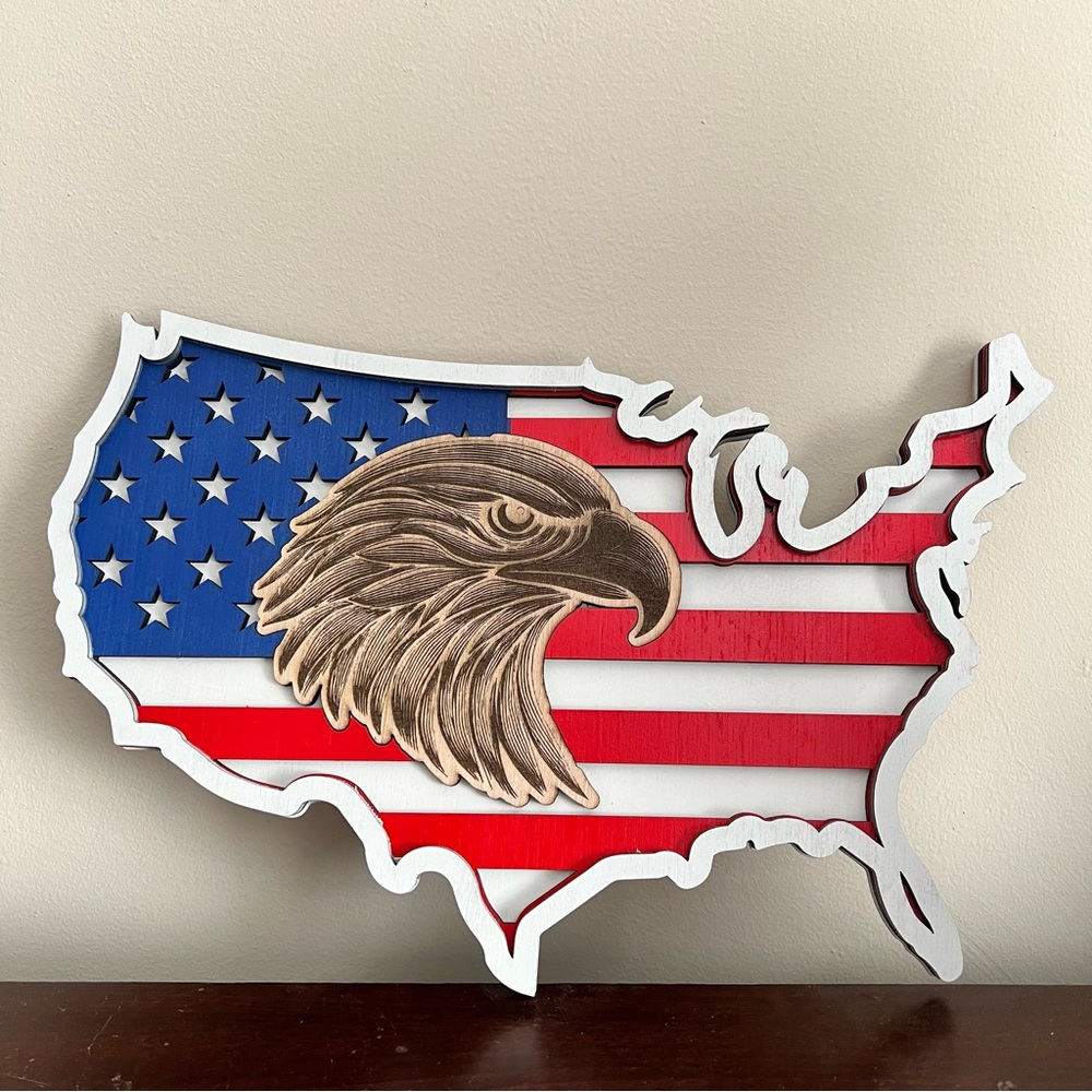LARGE- Handmade Laser Cut Engraved United States American Flag Eagle Home Decor